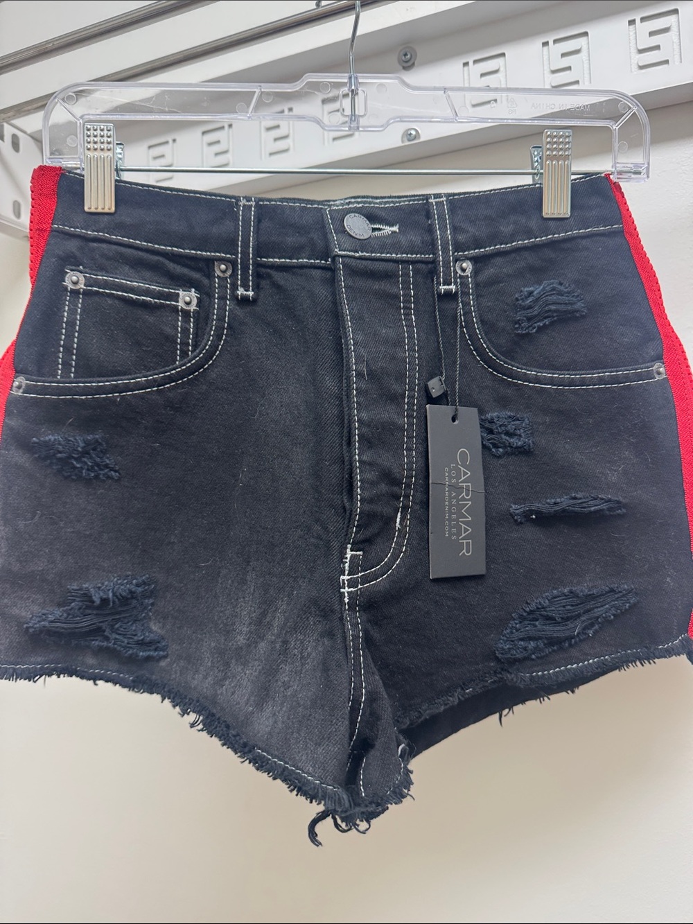 Carmar Black Distressed Denim Shorts with Red Side Panels